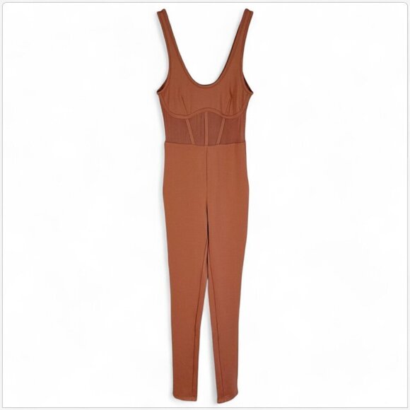 Bebe Gingerbread Mesh Detail Catsuit Jumpsuit Stretch Knit Bodycon NWT NEW XS - Picture 3 of 6